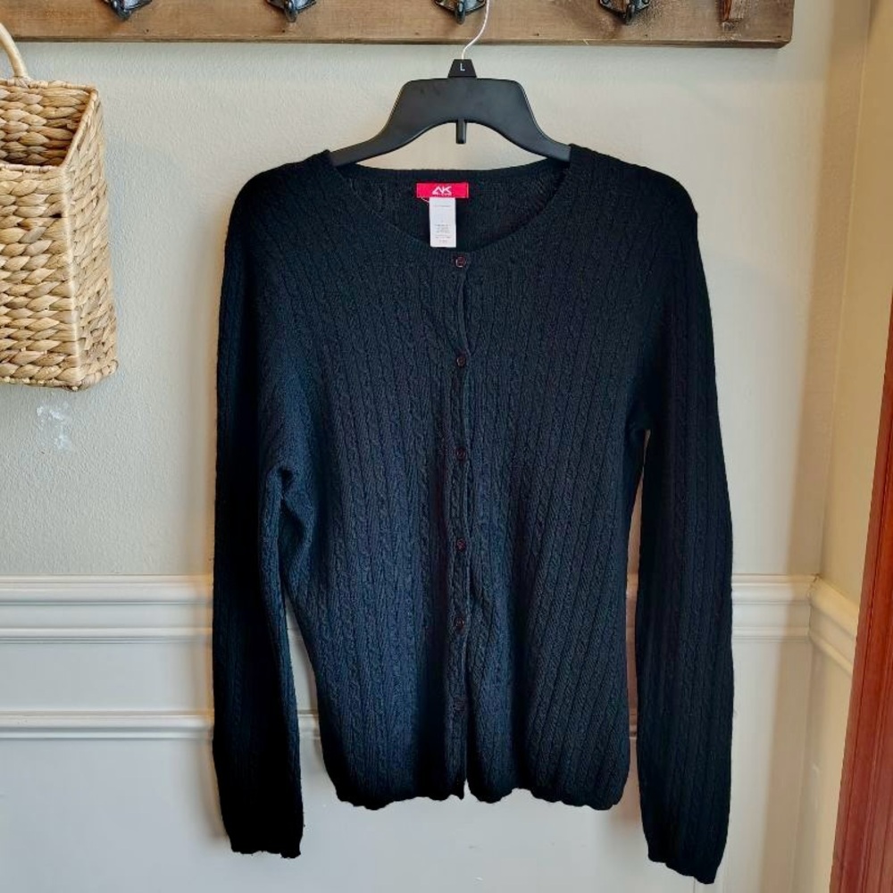 Anne Klein Sport Cable Knit Wool Cashmere Angora Cardigan Womens L Black Sweater